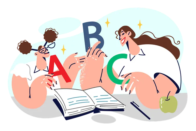 Schoolgirl Learns Alphabet Together With Elementary School Teacher Sitting In Classroom At Table With Book Teaching Child Alphabet To Create Good Foundation In Educational Process Illustration