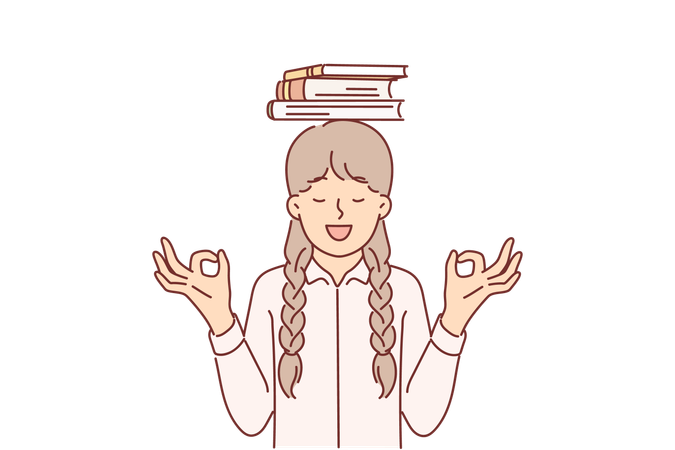 Schoolgirl meditating standing with books and making akasha mudra gesture  일러스트레이션