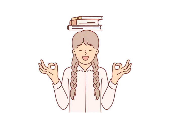 Schoolgirl Is Meditates Standing With Books On Head And Smiling Making Akasha Mudra Gesture Little Girl Meditates Before Start Lessons In Order To Learn More Knowledge And Become Leader In School Illustration