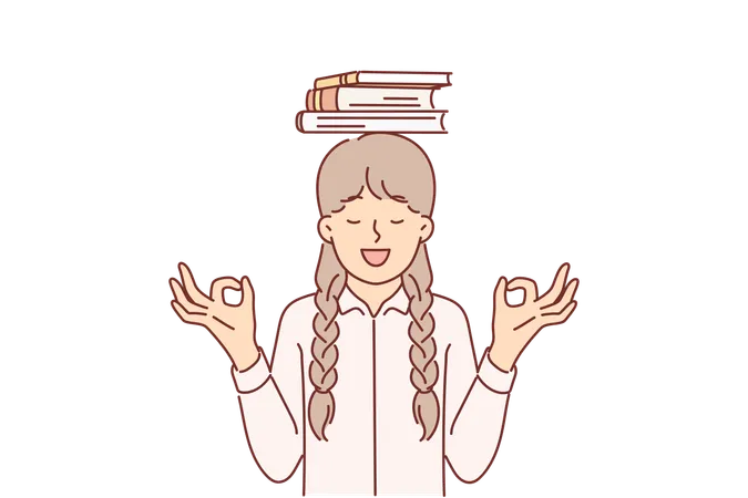 Schoolgirl meditating standing with books and making akasha mudra gesture  Illustration