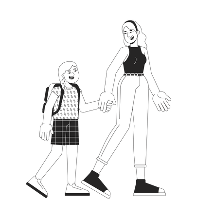 Schoolgirl mother holding handss  Illustration