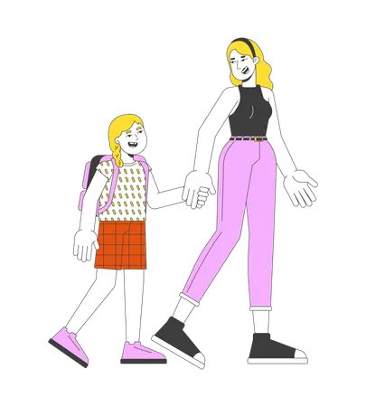 Schoolgirl mother holding handss  Illustration