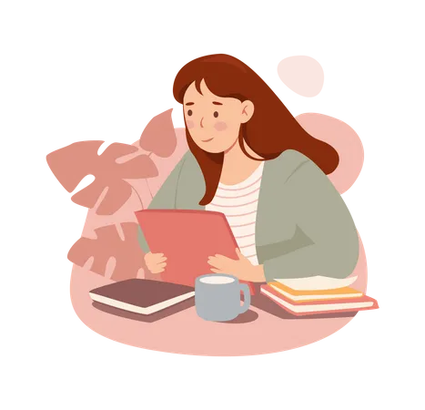 Schoolgirl reading books  Illustration