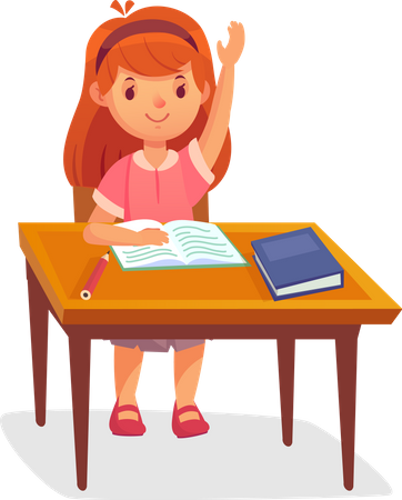 Schoolgirl sits at desk  Illustration