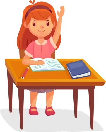 Cute Schoolgirl In Sits At Desk Raises Her Hand Illustration