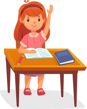 Schoolgirl sits at desk  Illustration