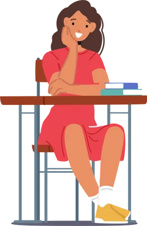 Schoolgirl Sitting at Desk Illustration