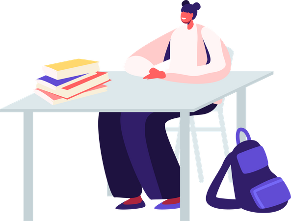 Schoolgirl Sitting at Desk with Textbooks and Backpack Illustration