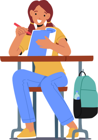 Schoolgirl Sitting at Desk Writing in Notebook during Lesson. Little Kid Student in Classroom, Back to School  Illustration