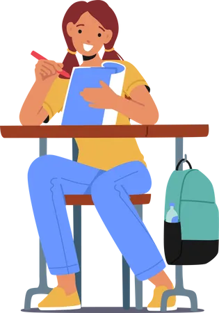 Schoolgirl Sitting at Desk Writing in Notebook during Lesson. Little Kid Student in Classroom, Back to School  Illustration