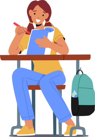 Schoolgirl Sitting at Desk Writing in Notebook during Lesson. Little Kid Student in Classroom, Back to School Illustration