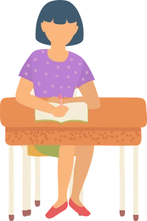 Schoolgirl Sitting By Desk Writing In Notebook  Illustration