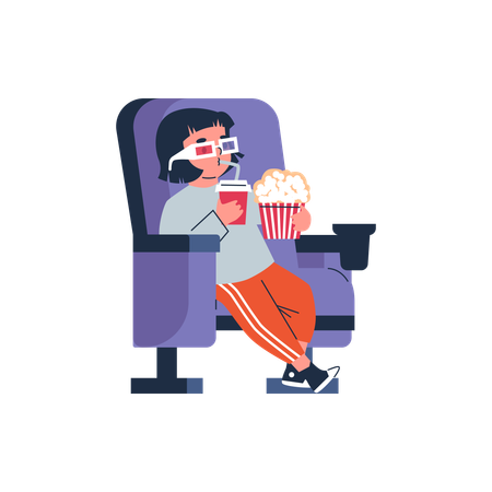 Schoolgirl watches a movie in a cinema  Illustration