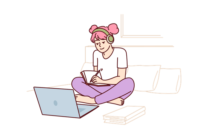 Schoolgirl watches webinar in laptop receiving distance education sitting on bed  Illustration