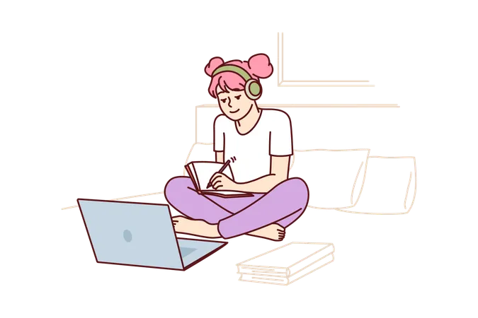 Schoolgirl Watches Webinar In Laptop Receiving Distance Education Sitting On Bed And Making Notes In Workbook Girl Is Engaged In Self Education Watching Webinars And Educational Videos Illustration