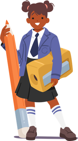 Schoolgirl Wields A Gigantic Sharpener and pencil  일러스트레이션