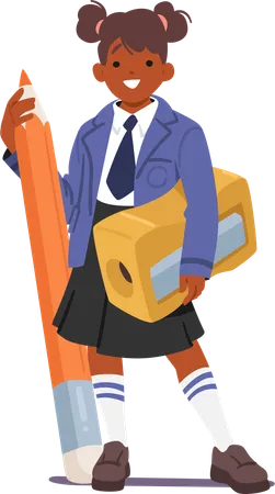 Cute African American Schoolgirl Wields A Gigantic Sharpener Her Tiny Hands Gripping A Colossal Pencil A Playful Symbol Of Educational Boundless Possibilities Cartoon Vector Illustration Illustration