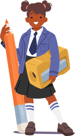 Schoolgirl Wields A Gigantic Sharpener and pencil  Illustration