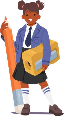 Schoolgirl Wields A Gigantic Sharpener and pencil  Illustration