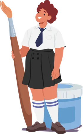 Schoolgirl Character Wields An Enormous Paintbrush Her Youthful Enthusiasm Spilling Onto A Canvas Of Boundless Imagination Creating Vibrant Strokes Of Creativity Cartoon People Vector Illustration Illustration
