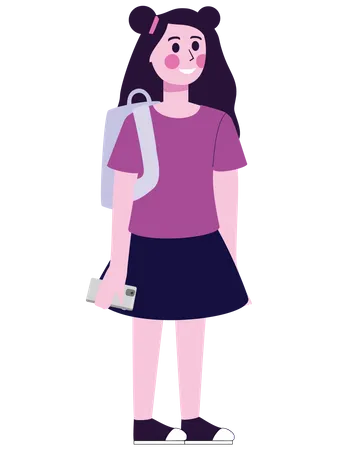 Schoolgirl with backpack and mobile Illustration