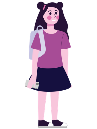 Schoolgirl with backpack and mobile  Illustration