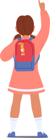 Schoolgirl with Backpack Pointing and looking Up  Illustration