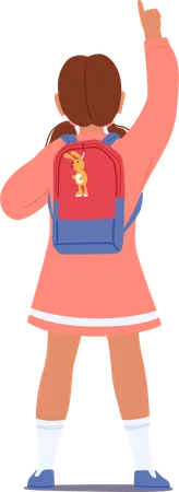 Schoolgirl with Backpack Pointing and looking Up  Illustration