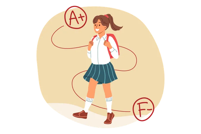 Schoolgirl with backpack runs to school with smile rejoicing at increase positive marks  Illustration