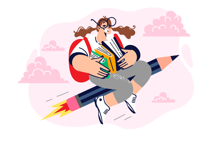 Schoolgirl with books flies on pencil across sky  일러스트레이션