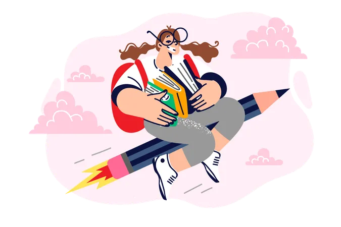Schoolgirl With Textbooks Flies On Pencil Across Sky And Smiles Enjoying Receiving Education Or New Knowledge Little Girl Student With Backpack And Books Studying In Elementary School Illustration