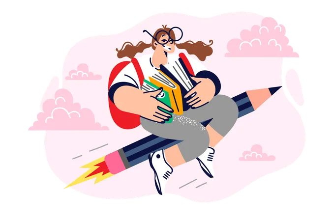 Schoolgirl with books flies on pencil across sky  Illustration