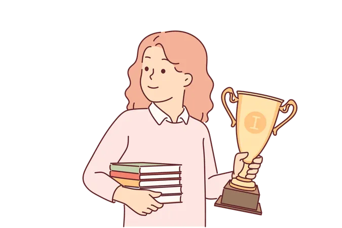 Schoolgirl With Trophy Cup And Books In Hands Rejoices In Victory In Olympiad For Outstanding Elementary School Students Little Girl With Gold Champion Cup For Smartest Kids From Gymnasium Illustration