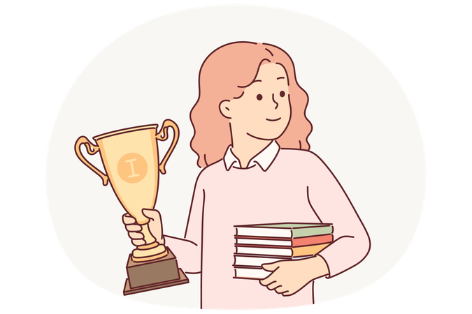 Schoolgirl with trophy gold cup and books in hands rejoices in victory in school olympiad  Illustration
