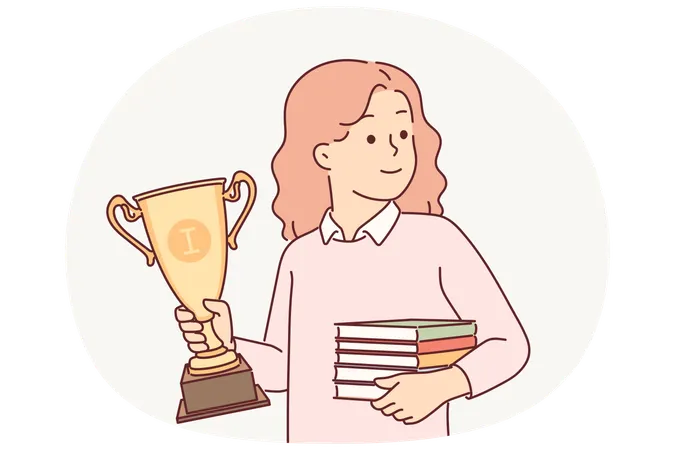 Schoolgirl with trophy gold cup and books in hands rejoices in victory in school olympiad  Illustration