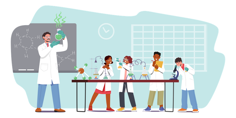 Schoolkids Characters On Lesson In Classroom With Teacher  Illustration