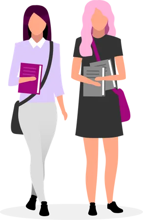 Teenage School Best Friends Flat Vector Illustration Schoolgirls With Books Together Cartoon Characters On White Background Teen Classmates Going To School With Bags And Textbooks Stylish Students Illustration
