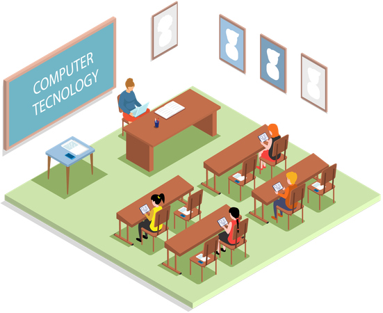 Schulbildung mit Lehrer und Schüler im Computertechnologieunterricht  Illustration