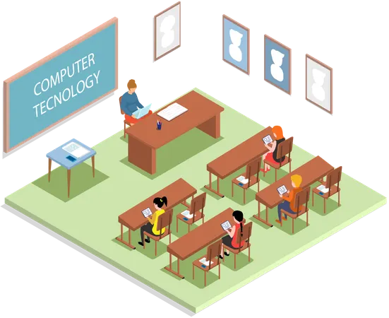 Schulbildung mit Lehrer und Schüler im Computertechnologieunterricht  Illustration
