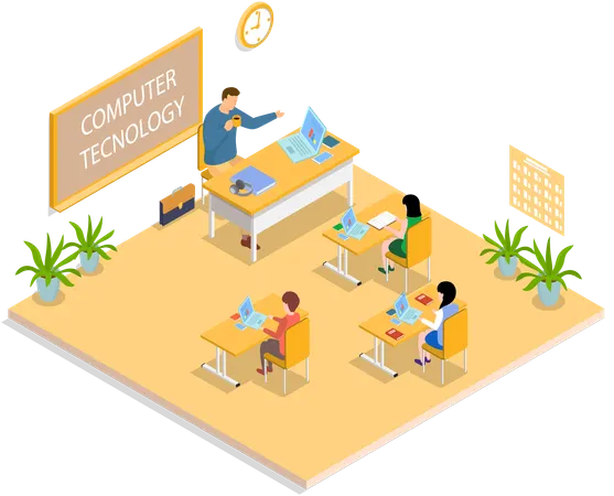 Schulbildung mit Lehrer und Schüler im Computertechnologieunterricht  Illustration