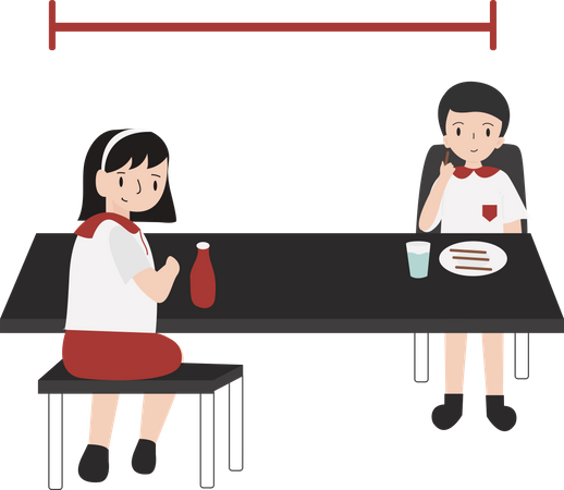 Schüler essen mit sozialer Distanz in der Mensa  Illustration