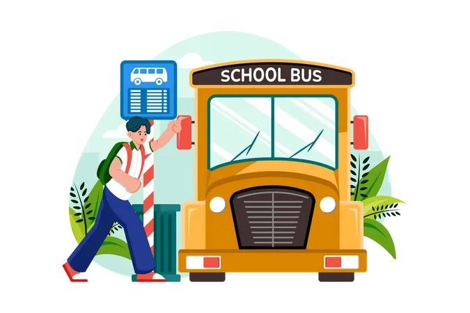 Schüler fahren mit dem Schulbus zur Schule  Illustration