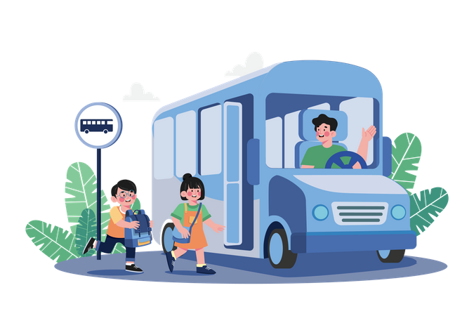 Schüler fahren mit dem Schulbus zur Schule  Illustration