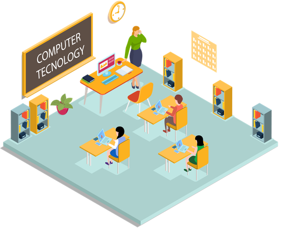 Schüler lernen und arbeiten am Tablet-PC im modernen Klassenzimmer  Illustration