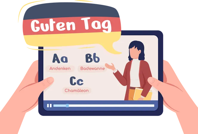 Student lernt Deutsch online mit professionellem Lehrer  Illustration