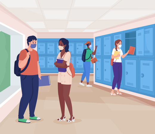 Schüler mit Mundschutz unterhalten sich im Flur  Illustration