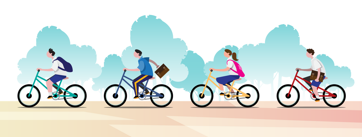 Schülergruppen fahren mit dem Fahrrad zur Schule  Illustration