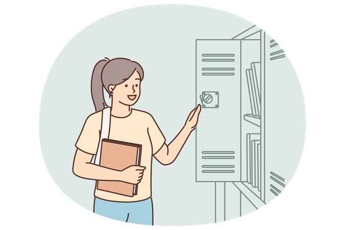 Schülerin steht in der Nähe des Schließfachs in der Schule, um eine qualitativ hochwertige Ausbildung zu erhalten  Illustration