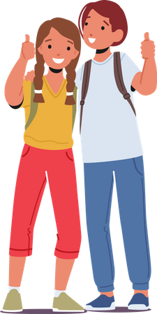 Schulfreunde, Mädchen und Jungen stehen zusammen und zeigen Daumen hoch  Illustration