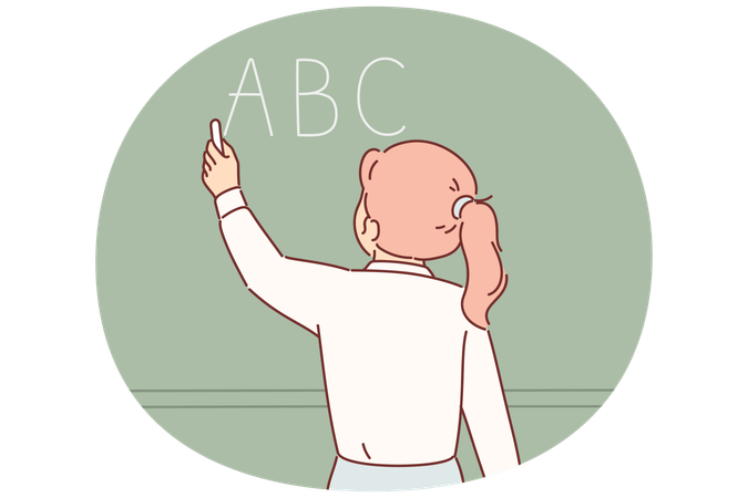 Schulmädchen schreibt Buchstaben des Alphabets auf Tafel  Illustration
